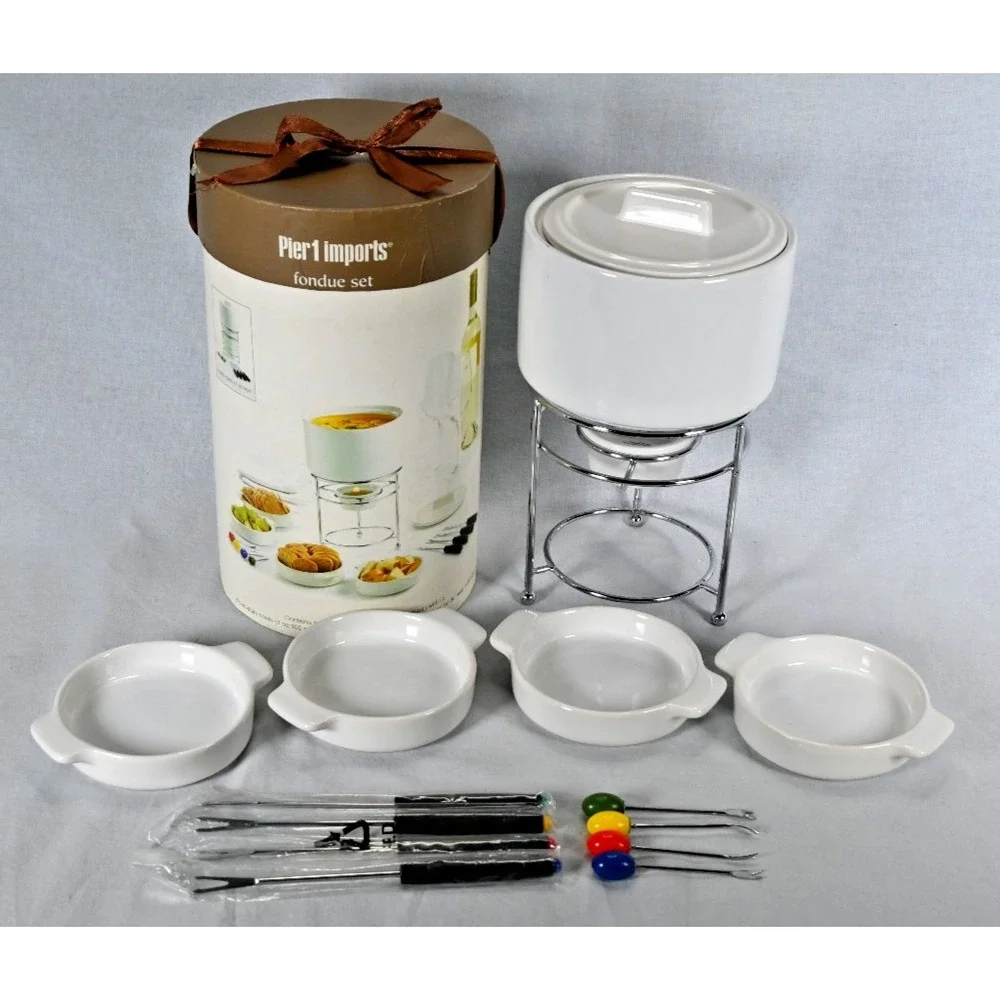 NEW Open Box Pier 1 Fondue Set White Stoneware 4 Bowls 8 Forks Storage